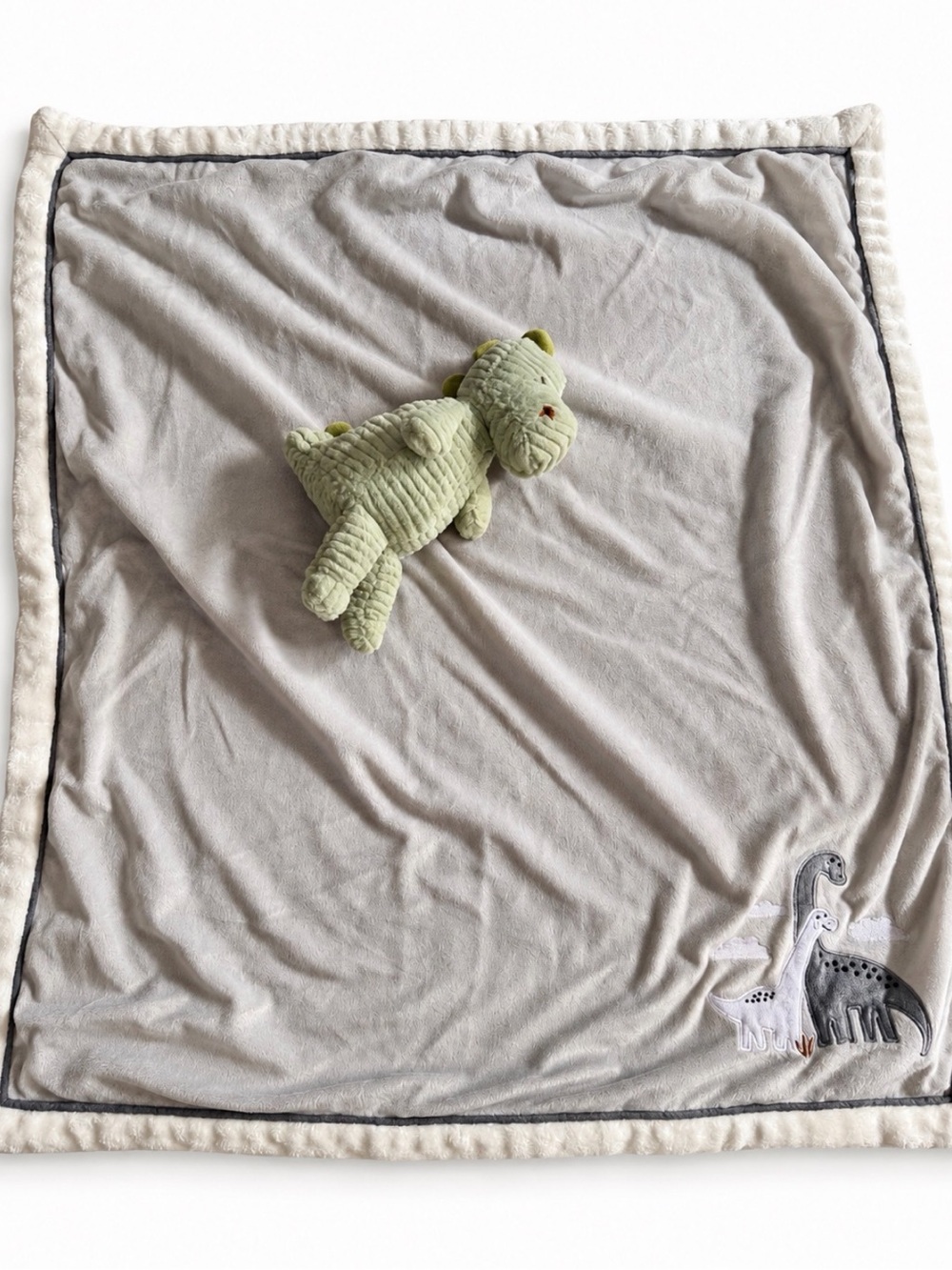 Plush Light Gray Baby Blanket with Dino Appliqué